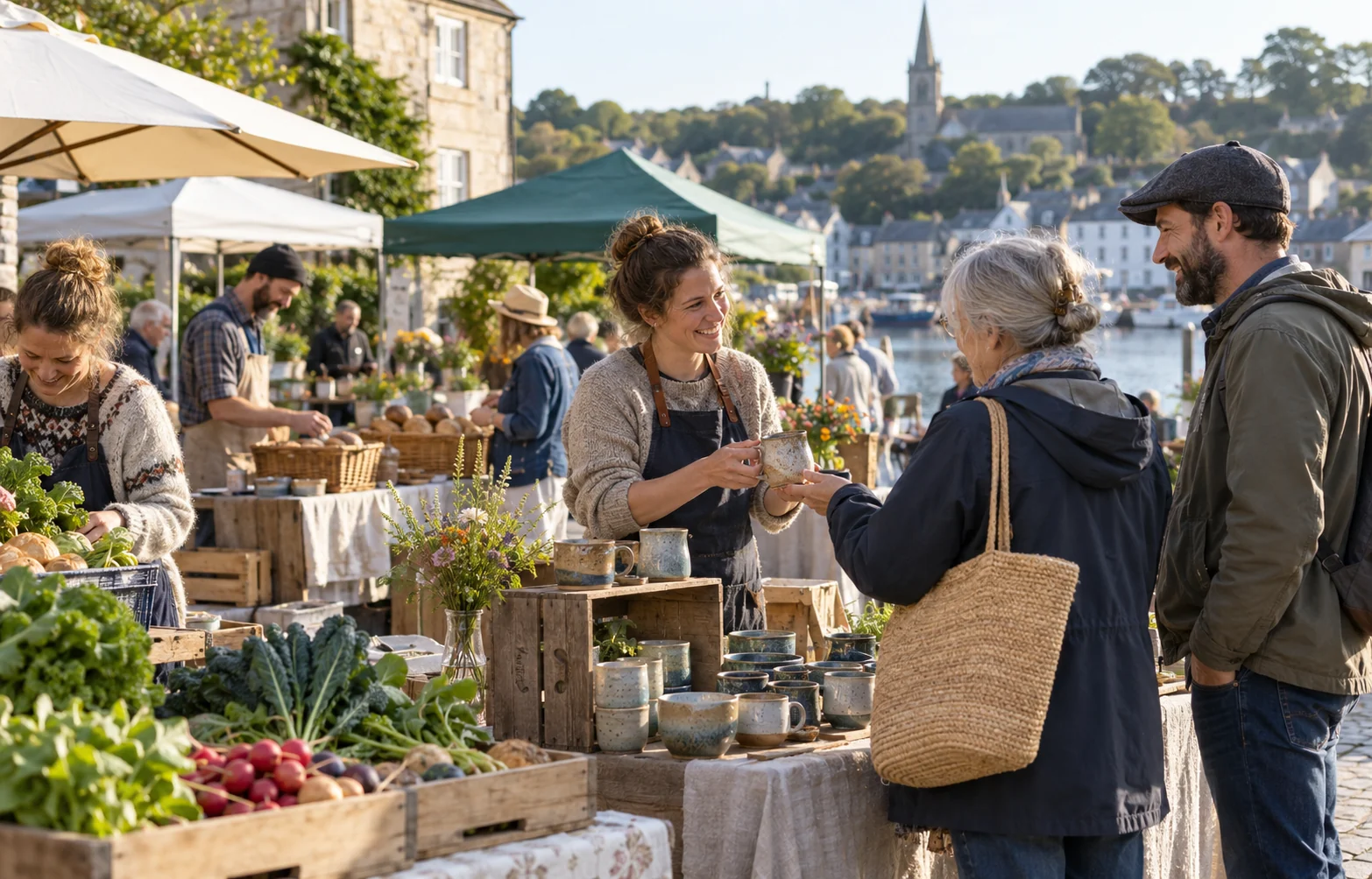 Local makers and neighbors talking at an open-air community market