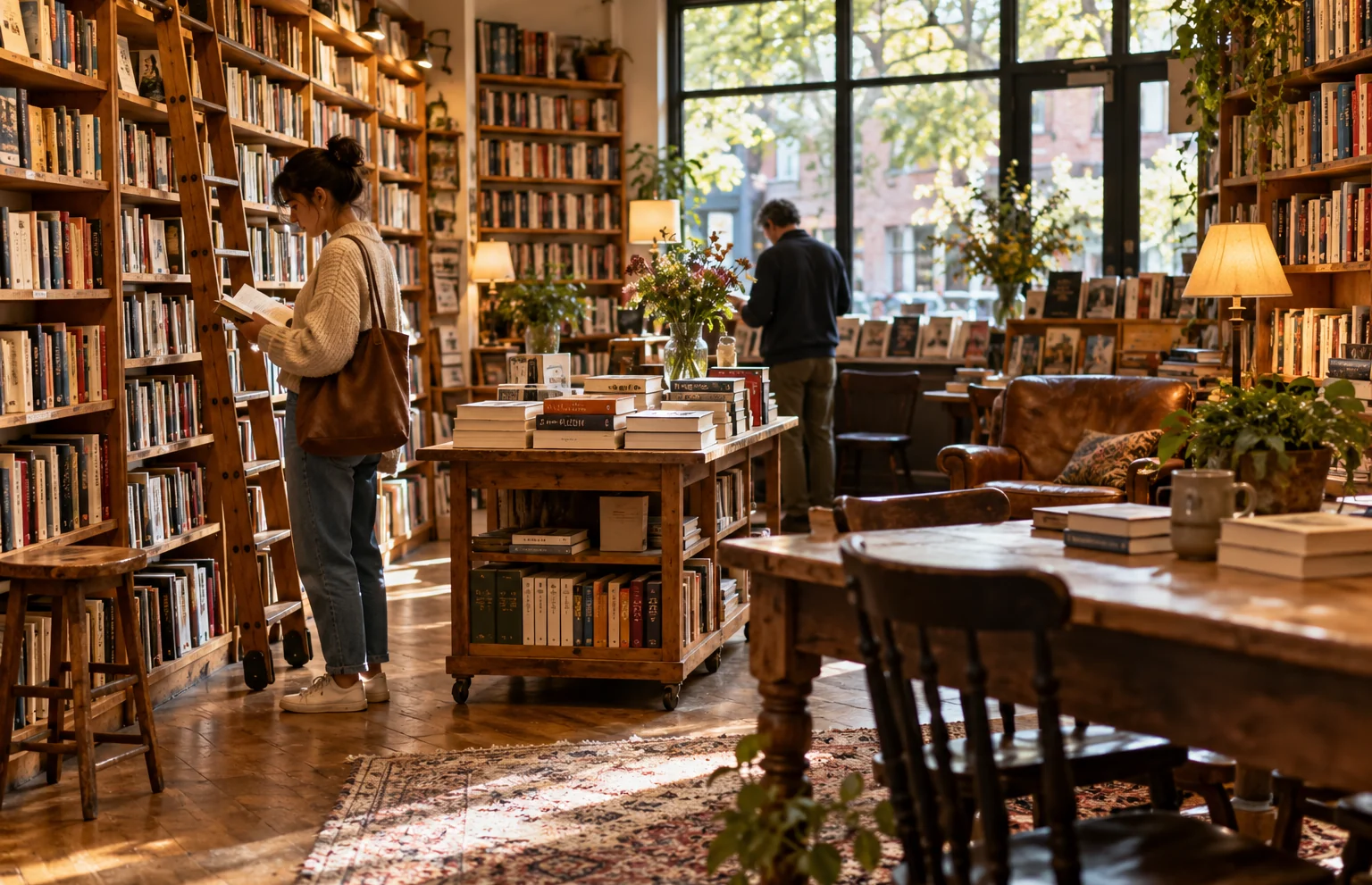 Reader browsing shelves in a warmly lit neighborhood bookshop