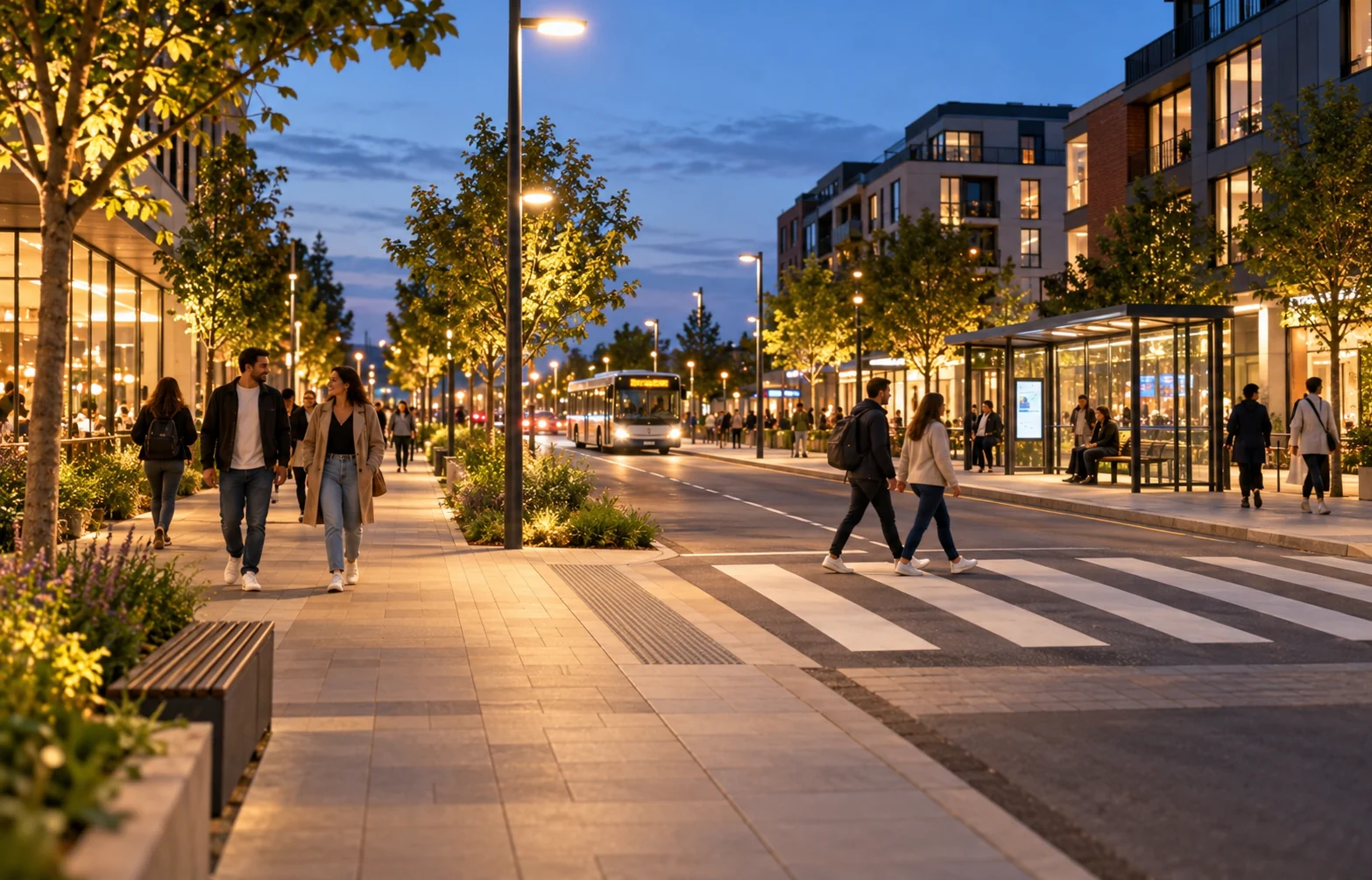 Pedestrians crossing a well-lit street near a bus stop at dusk