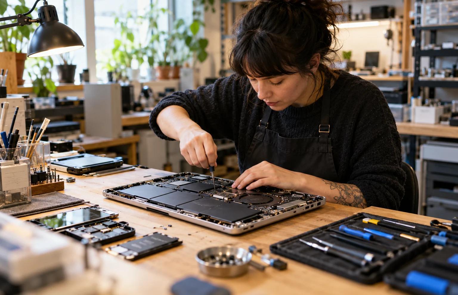 Technician repairing an open laptop at an electronics workbench