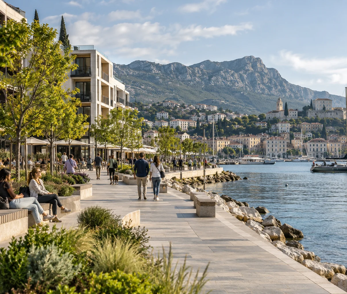 People walking along a landscaped waterfront promenade beside the water