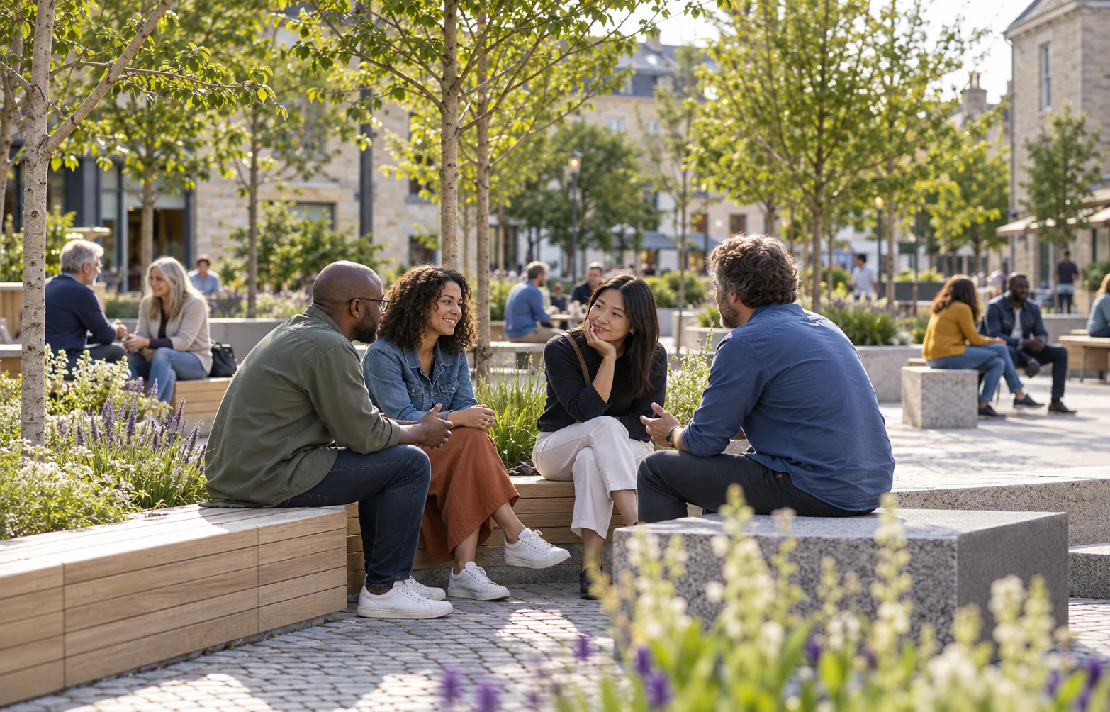 Neighbors talking together on benches in a leafy public square