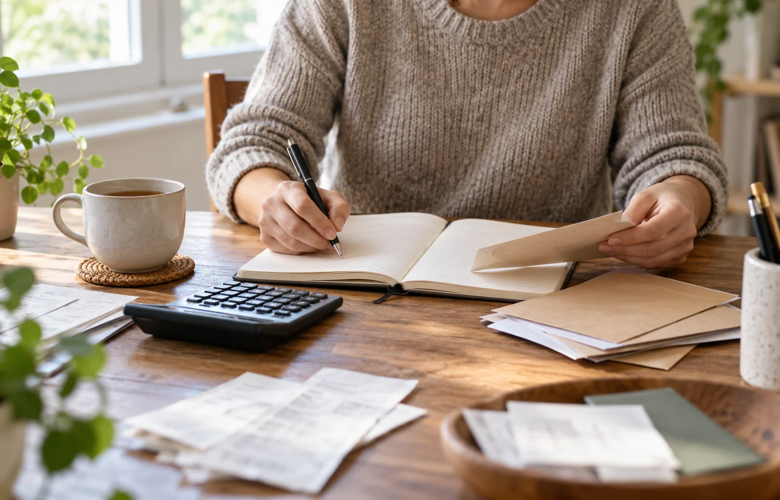 Person planning a household budget with a notebook, envelopes and calculator