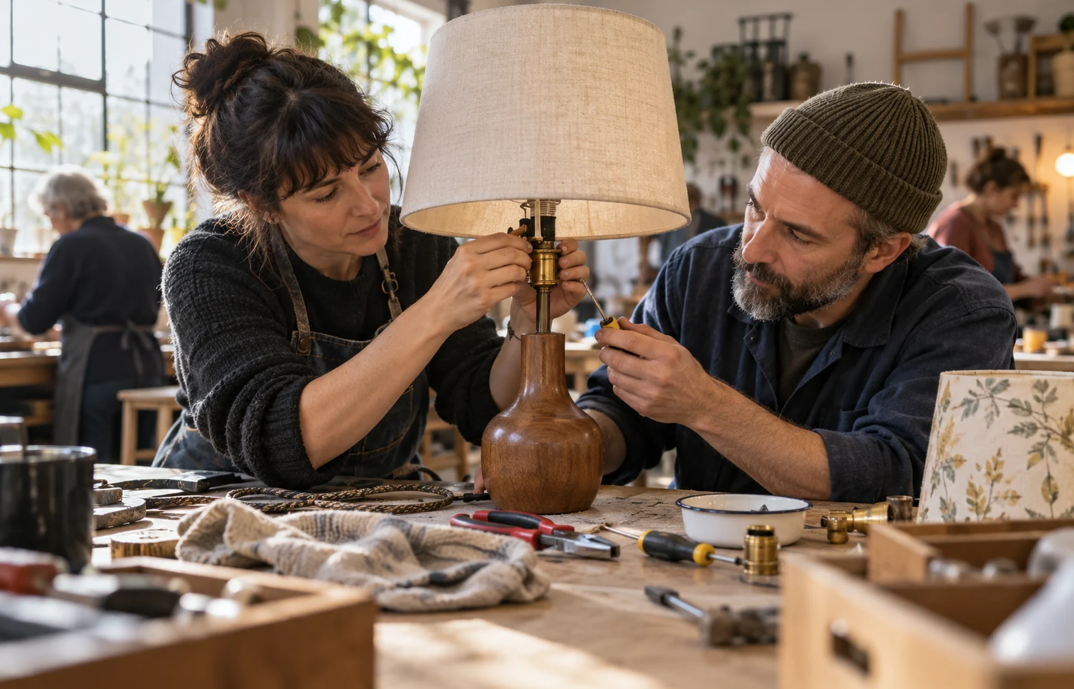 Two people repairing a table lamp together at a workshop bench